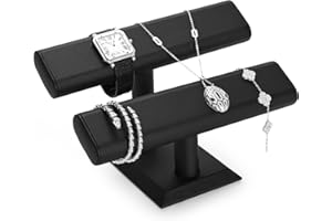 Oirlv Watch Stand Display Black PU Leather 3-Bar Bracelet Holder Jewellery Display Stand for Necklace, Jewelry Display Rack and Showcase Home Organizer Stand (Black, 2 Tier Square)