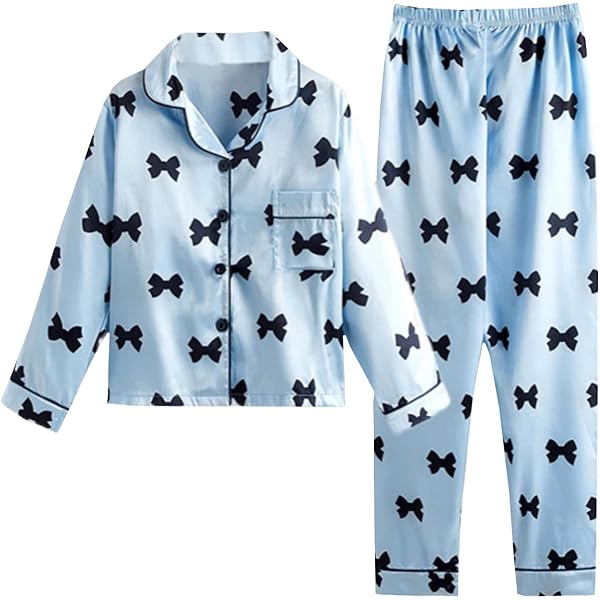 Pigiama Bambini In Raso - Completo Maniche Lunghe Con Fiocchi E Bottoni, Top E Pantaloni, Per Autunno/Inverno