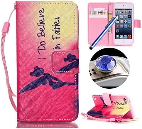 Etche Magnetic Flip Case for iPod Touch 5 / 6,Wallet Case with Strap for iPod Touch 5 / 6,Pretty Fairy Girl Pu Leather Folding Style Wallet Case with Card Slots for iPod Touch 5 / 6 with Blue Stylus Pen and Bling Glitter Diamond Dust Plug Colors Random-Fairy Girl