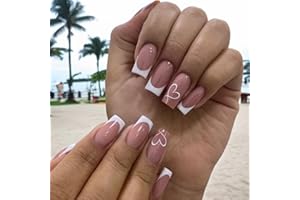 KKWOTER 24-Piece Set of Long Square French False Nails with Glossy Full Coverage - Press On Style for Women and Girls - French Heart Design