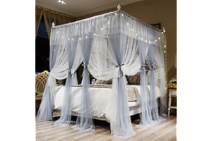 Joyreap Luxuriöse Betthimmel-Vorhänge mit 4 Ecken, Grau und Weiß, gemütliches Drapiernetz – niedlicher Prinzessinnen-Stil, Schlafzimmer-Dekorations-Zubehör (119,4 cm B x 198,1 cm L, Twin)