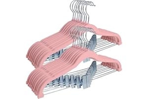 ManGotree Velvet Skirt Hangers with Movable Clips, Non-Slip Felt Trousers Hangers, Space-Saving Clothes Hangers for Shirts, Pants, Dresses, Skirts, Coats (18 Pack, Pink)