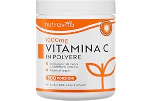 Vitamina C in polvere 500 g - 1000 mg per porzione - scorta per 16 mesi - Acido ascorbico puro in polvere finissima - Supporta il sistema immunitario e riduce la stanchezza - Nutravita