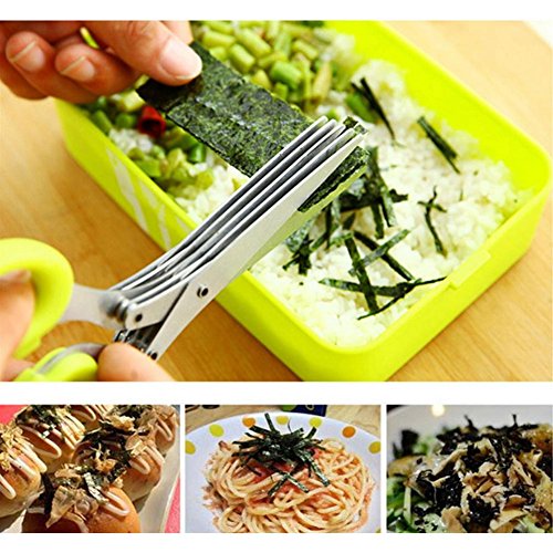 dekawei Edelstahl Küche Messer 5 Schichten Schere Sushi Geschreddertes Frühlingszwiebel Schnitt Kräuter Gewürze Schere Kochen Tools + Reinigung Kamm - 4