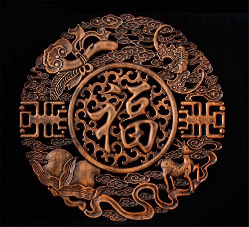 FUXINGXING Wooden Carvings Carved Camphor Wood Engraving Chinese Antique Craft Entrance Background Wall Round Solid Wood Wall Hanging, 58cm