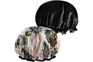 Belegao 2 Pack Large Shower Cap with Elastic Band - Waterproof Double Layers Bath Caps Oilproof Ruffled Covering Ears 32cm Wide Floral Printed for Unisex Adults, Women and Men(Black, Floral)