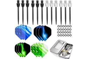 Ohaoduo 12 szt. grotów do darta ze stali nierdzewnej w kolorze czarnym, srebrnym, złotym 2BA stalowe groty metalowe, stalowe groty + 12 szt. lotek i gumowy pierścień do darta w aluminiowym pudełku (12 szt. zębów HEI)