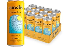 Punchy Drinks - Mango - Everyday Hydration, Lightly Sparkling, Essential Electrolytes, Minerals, Vitamins, Real Fruit, Supports Immunity, Caffeine Free, Aids Muscle Function, Low Calorie - 12 x 330ml