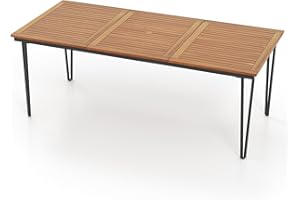 TANGZON Solid Acacia Wood Garden Table for 4/8 Person, Slatted Outdoor Dining Table with Parasol Hole, Metal Frame Desk Furniture for Patio Terrace Backyard Bistro (V-shaped Legs, 200x90x75cm)