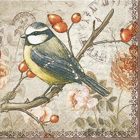 Pack of 20 paper napkins 33 x 33 cm Bird on a Branch Wild Rose Berries,