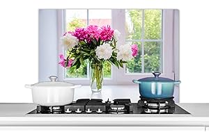 MUCHOWOW Credence Fleurs - Pivoines - Vase Fond de hotte 90x60 cm Credence aluminium Plaque inox de cuisine