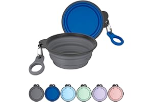 Heouvo Lot de 2 gamelles pliables pour chien avec porte-bouteille, bol d'eau de voyage pour chien avec mousqueton amélioré, bord moulé monobloc, ne tombe pas ou ne se fissure pas (gris/bleu marine,