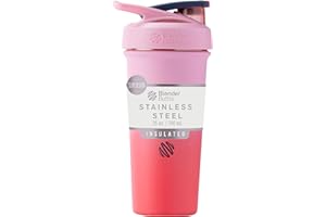BlenderBottle Strada Sleek Shaker Cup Insulated Stainless Steel Water Bottle with Wire Whisk, 740ml, Flamingo Ombre