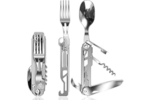 ZIMAIC Edelstahl Besteck 5 in 1 Klappbesteck Campingbesteck als Messer Gabel Löffel Set Outdoor, Tragbares Besteck mit Kordelzugbeutel (Normaler Typ)