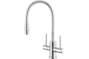 HPWVKVDB Pull Down Kitchen Sink Tap with Flexbile Hose Twin Lever Mixer Faucet Taps Mixers 360 Swivel Spout Dual Mode Spray Head Chrome