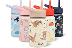 SANTECO Botella de Agua Isotérmica para Niños 350ML con Pajita, Botella Metálica de Acero Inoxidable Aislada al Vacío sin BPA Reutilizable para la Escuela, los Deportes y el Jardín de Infantes
