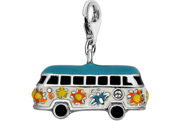 Quiges Charm Pendentif Breloque avec Fermoir Femme Plaqué Argent Bus Hippie 3D Multicolore Émaillé 3D
