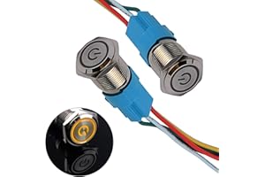 JIQI 2× 16mm Momentane Metall Druckschalter 12V bis 24V 3A Momentary LED Tastenschalter IP66 1NO1NC wasserdicht vorverdraht EIN/AUS Taste Schalter für Fahrzeugmodifikation Wohnmobil(Gelb/Power Symbol)