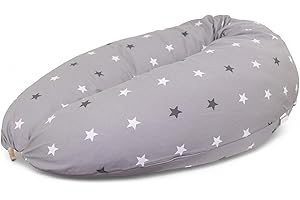 HOBEA-Germany Coussin d'allaitement 190 cm x 76 cm Coussin de positionnement XXL Coussin de Grossesse pour bébé et Adulte Coussin d'allaitement latéral avec Housse en Coton Bio (Motif D’étoile Grise)