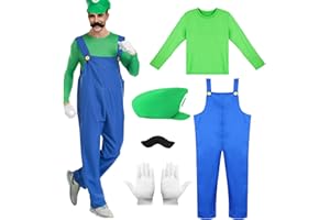 DreamJing Mario Costume Adults Kids, Plumbers Bros Mario Cosplay Halloween Fancy Dress Outfits Jumpsuit with Hat and Mustache