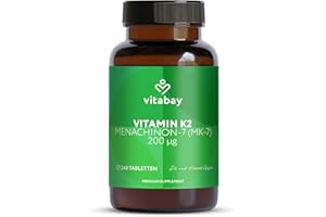 ‎VITABAY Vitabay Vitamin K2 Hochdosiert 200 µg (mcg) - 240 Vitamin K2 Tabletten Vegan & Laborgeprüft - MK-7 (Menachinon-7) aus natürlichen Zutaten in All-Trans Form - Hohe Bioverfügbarkeit