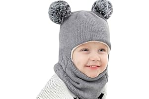 Qersh Baby Wintermütze Schal Schlupfmütze Warm Niedlich Bär Wintermütze Schalmütze Strickmütze mit Bommel Fleecefutter Beanie Mütze für 2-7 Jahre alt Baby