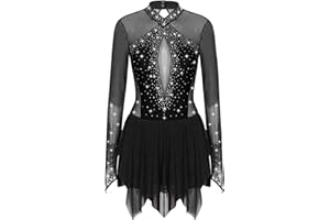 ranrann Femme Justaucorps Robe Patinage Artistique Gymnastique Danse Tenue Strass Manche Longue Spectacle Compétition S-XXL