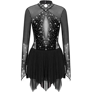Robe De Patinage Artistique Ou Danse - Manches Longues Avec Strass - Taille S à XXL - Slip Intégré, Jupe En Mousseline