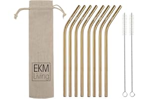 EKM Living Lot de 8 pailles courbées en acier inoxydable - En cuivre - Incassables - Réutilisables - Passent au lave-vaisselle - Sans plastique (cuivre courbé, 8)