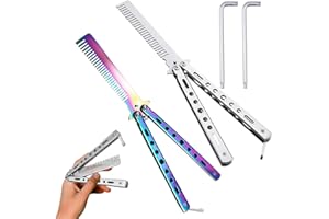 YEAPEAK 2 Pezzi Butterfly Kamm, Pettine a Farfalla, Coltelli Pettine, Coltello a Farfalla e Pettine, Allenatore Di Coltelli, Per Dispositivo Di Allenamento Attrezzi Pratica(Arcobaleno + Argento)