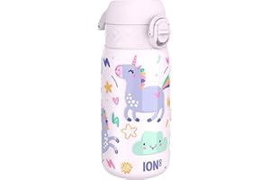 ion8 Botella Agua Inox Ligero para Niños, 400ml, Sin Aislamiento, a Prueba de Fugas, Fácil de Abrir, Cerradura Segura, Apta para Lavavajillas, Tapa Abatible, Fácil de Limpiar, Unicornios, Rosa
