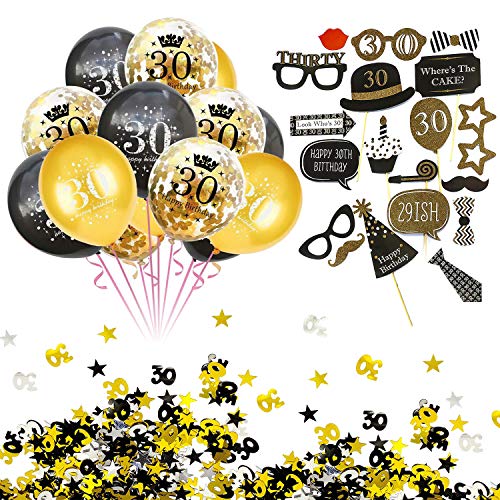 Oblique Unique® 30esimo Compleanno Party Feier Deko Set - Happy Birthday 30 Coriandoli Set di Palloncini + Fotorités Accessori Foto + Coriandoli Numero 30 + Stelle Oro Argento Nero Mix