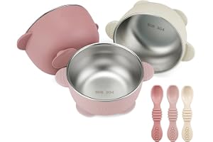PandaEar 3-pack rostfria sugkoppsskålar & 3 matningsskedar för bebisar | Halkfria skålar & mjuka silikonskedar första steget för småbarn, BPA-fritt avvänjningsset (rosa
