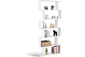 CASART 5/6 Tier Wooden Bookcase, Free Standing Shelving Stand Rack, S-Shaped Bookshelf Storage Display Unit (White, 80 x 23 x 192cm)