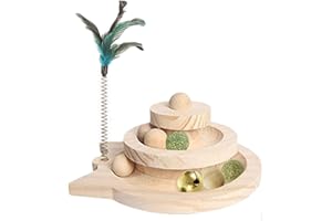 Honicemar Torre a 2 Strati per Gatti in Legno - Giocattoli Interattivi con 3 Tipi di Palline per Divertimento ed Esercizio Fisico e Mentale al Chiuso