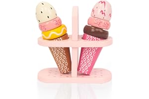 WOODENFUN Magasin de crème glacée Enfants en Bois Magasin de crème glacée Jouet avec Plateau de Glace Cuisine Cosplay Faire Semblant de Jouets Alimentaires