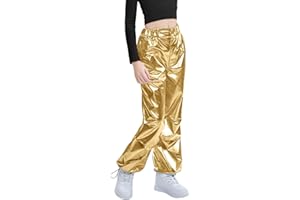 LOLANTA Niños Pantalones de Cuero Metálico Brillante Traje de Baile Hip Hop Retro Pantalones Cargo con Cintura Elástica para 6-13 años