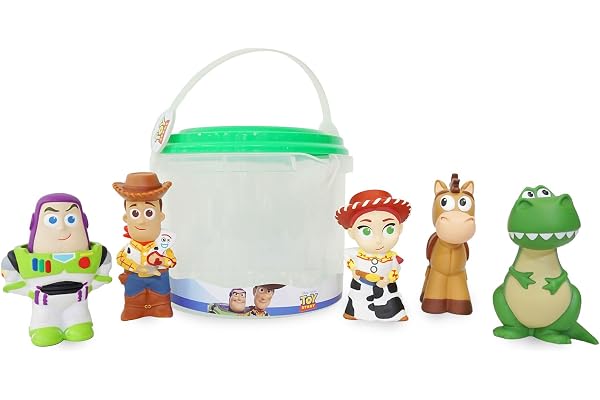 Disney Store Official Ensemble de Jouets pour Le Bain Toy Story, 5 pièces Comprenant Buzz l'éclair, Woody, Jessie, Pile-Poil et Rex, Seau à Couvercle tamisé, Bain ou Piscine, à partir de 6 Mois