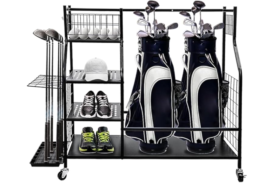 JF HOME BLISS Heavy Duty Golf Storage Rack with Wheels Extra Large Golf Club Organizer for 2 Bags Includes Lockable Casters Shelves & Mesh Basket Golf Bag Stand for Garage Basement & Clubhouse