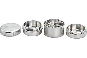 CALIFORNIA'S CHOICE Toothless Grinder "To-Go" „San Francisco“ Silber | Zahnlos | Sehr feiner Grind | Luftfahrt-Aluminium eloxiert | 4 – teilig | Inkl. „Stash“ Fach im Deckel | Patentierte Technologie von Stache