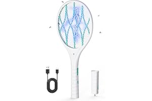 AROEVE Racchetta Zanzare Elettrica, 4000V Antizanzare Elettrico, Ricarica USB, Luce LED, Torcia Staccabile, Protezione a 3 Strati, Doppio Interruttore, Casa, Giardino, Bianco