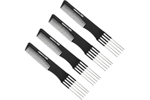 CDJX 4 Pack Black Carbon Lift Teasing Combs with Metal Prong,Strength Professional Hair Styling Comb for Women Men,Styling Lifting Back Hair Comb with Stainless Steel Lift