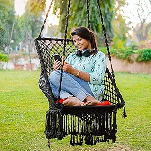 Swingzy Make in India Premium Large Rectangle Swing Chair Hanging Hammock Chair for Home, Indoor, Outdoor, Patio, Balcony, Garden/Jhula for Adults/Free Accessories Included- (66x96x144 cm, Black)