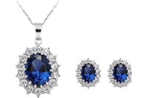 AVA COLLECTIONS 925 Sterling Silver Women Necklace Earrings Jewellery Set Round Cubic Zirconia Gift Box for Party Wedding Vacation (Blue Oval Se)