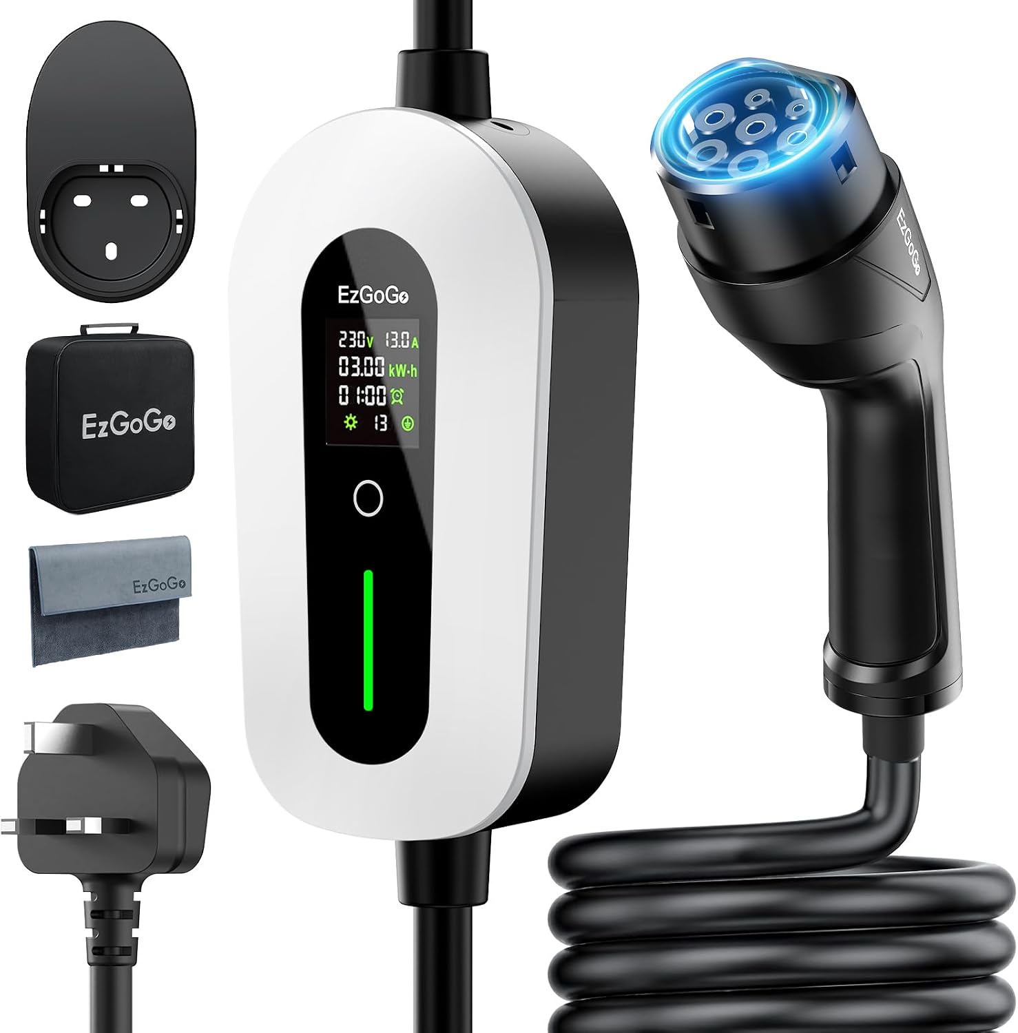 EzGoGo EV Charger Cable Type 2 to 3 Pin Plug 32.81Ft/10M Electric Car Charger 3kW, [6/8/10/13A] Type 2 Charging Cable 3 Pin IP65 Advanced Protection Suitable for EVs & PHEVs