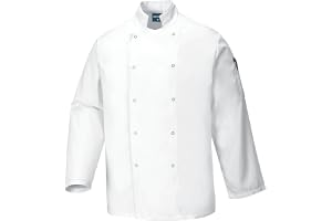 Portwest C833 Suffolk Kockjacka 1 Ficka Slitstarkt Twill-Tyg Ringstift Fram | Vit, L, Unisex, Hög Krage, Lång Ärm, Polyester, Ärmficka, Maskintvättbar, Yttre Hudtyg, Lättvikt, Polybomull, Dragsko