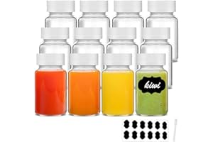 YBCPACK 12 Stück Mini Shot Glasflaschen mit weißem Deckel 60ml Kleine Flaschen zum Befüllen mit Etiketten und Stift, Ideal für Ingwer, Likör, schnaps und andere drinks
