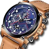 LIGE Uhren Herren Chronograph Wasserdicht Analog Quarzuhr Lederband 9856C Blau Braun