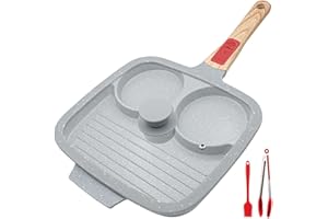 RANX INGST Poêle à Frire 3 Trous avec Couvercle, Poêle à œufs au plat en Céramique avec Poignée Amovible 26 cm, Poêle Grill Antiadhésive 3 en 1 pour Petit-déjeuner - Bleu