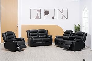 SOFAHEAVEN Roma Recliner Black Bonded Leather 3+2+1 Seater sofa set - 3 Seater Suite For Living Room - two Seaters Couches & Settee (3+2+1 Seater)